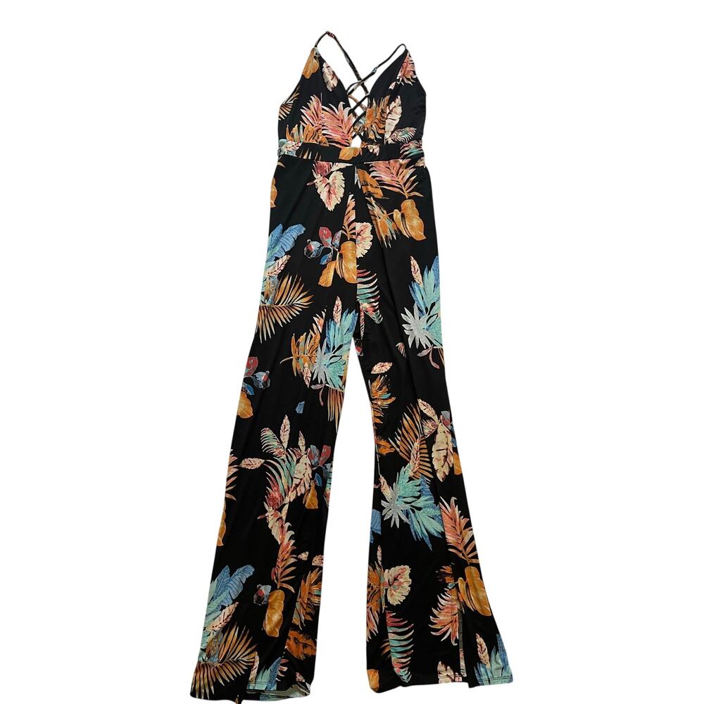 TIMING Tropical Floral Wide Leg Jumpsuit Lg Black Multi Strappy Lace Up V-Neck
